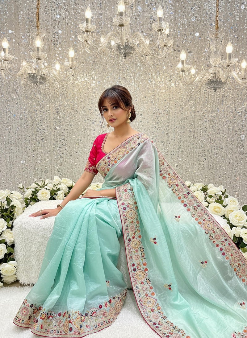 Glory Sarees Women’s Pure Silk Gold Crushed Sequence Embroidery Work Saree With Blouse Piece (LF844_Mint Green) - Image 4