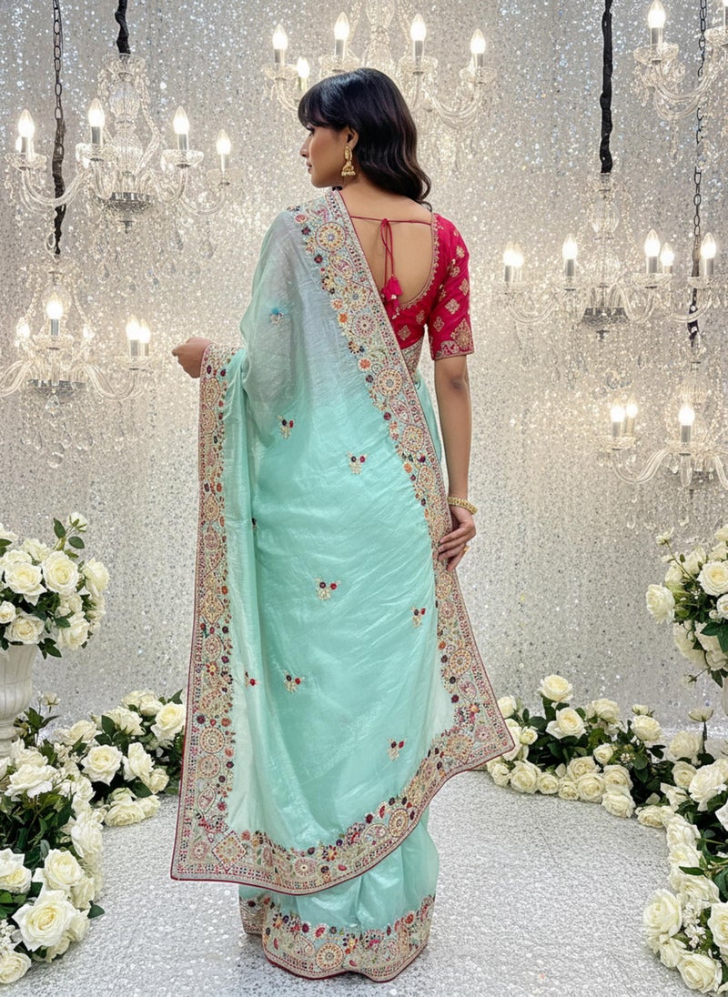Glory Sarees Women’s Pure Silk Gold Crushed Sequence Embroidery Work Saree With Blouse Piece (LF844_Mint Green) - Image 3