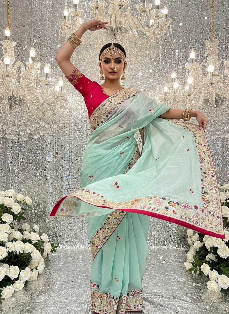 Glory Sarees Women’s Pure Silk Gold Crushed Sequence Embroidery Work Saree With Blouse Piece (LF844_Mint Green) - Image 5