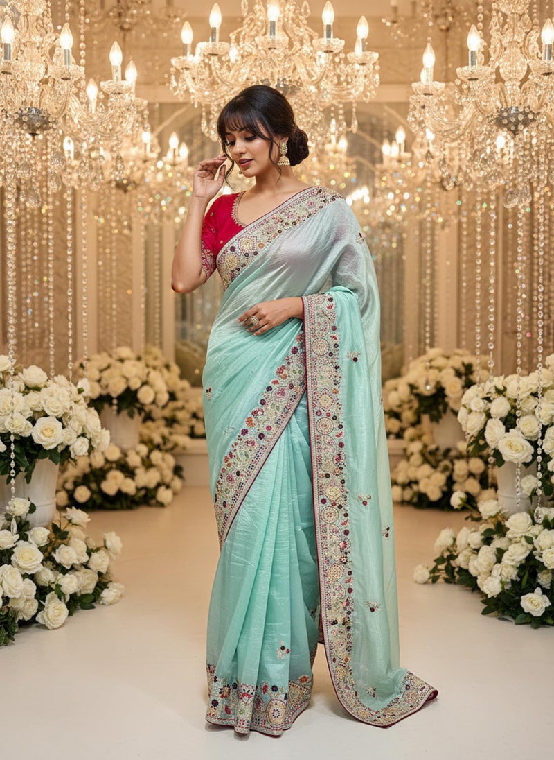 Glory Sarees Women’s Pure Silk Gold Crushed Sequence Embroidery Work Saree With Blouse Piece (LF844_Mint Green) - Image 2
