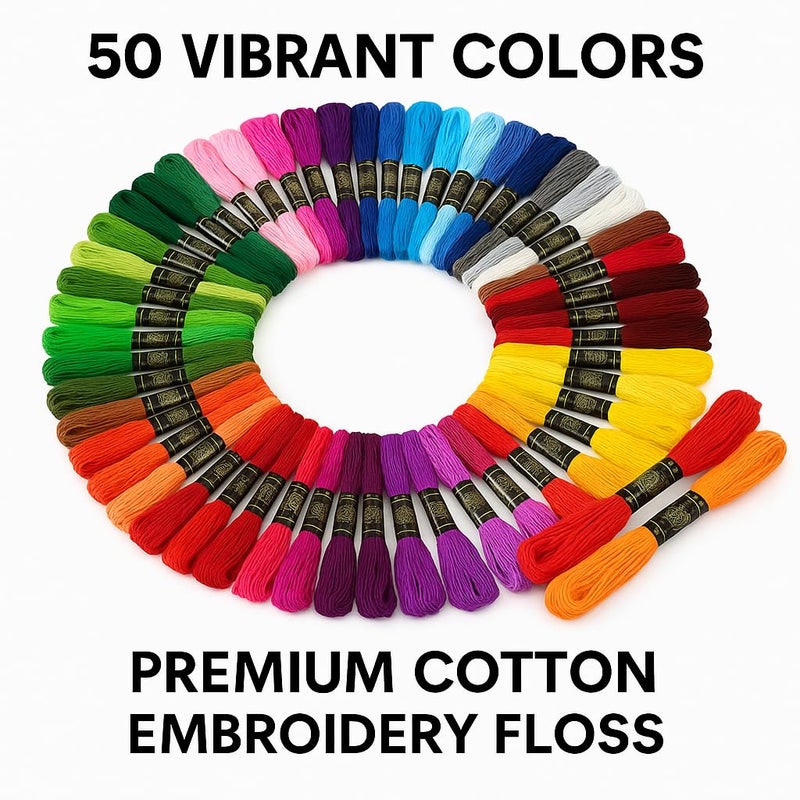 GEMSY طقم خيوط تطريز 50 قطعة بألوان متعددة - خيوط قطنية ممتازة للتطريز المتقاطع، أساور الصداقة، الحرف اليدوية، التطريز اليدوي، صنع الأساور - ألوان قوس قزح الزاهية - Image 2