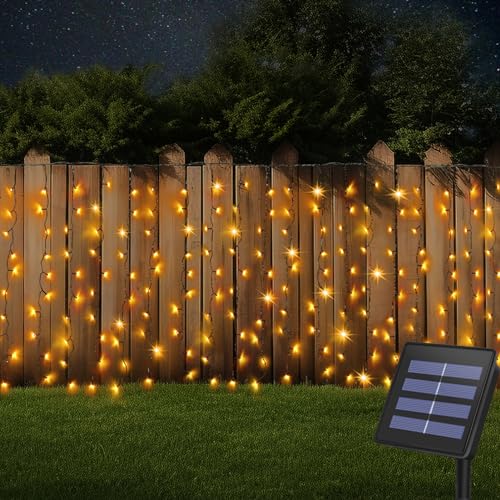 DBFAIRY Solar Curtain Lights,19.6ft x 3.3ft 300 LED Outdoor Christmas Solar Curtain Lights Waterproof Green Wire with 8 Mode for Garden Handrail Railing Eaves Wall Decoration -Warm White - Image 1