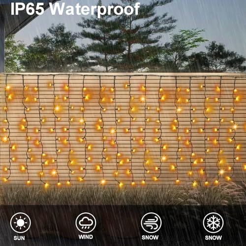 DBFAIRY Solar Curtain Lights,19.6ft x 3.3ft 300 LED Outdoor Christmas Solar Curtain Lights Waterproof Green Wire with 8 Mode for Garden Handrail Railing Eaves Wall Decoration -Warm White - Image 3