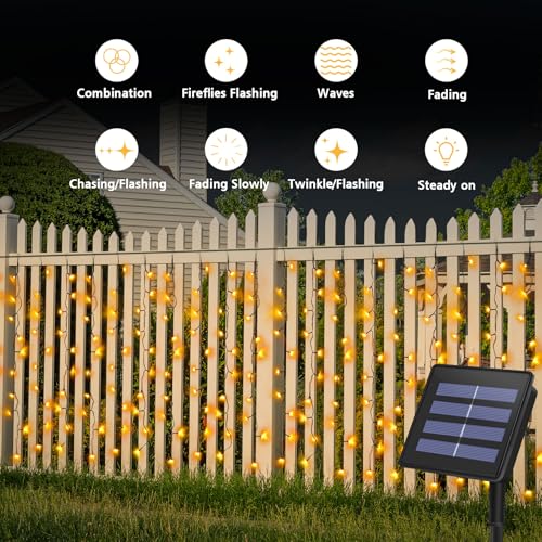 DBFAIRY Solar Curtain Lights,19.6ft x 3.3ft 300 LED Outdoor Christmas Solar Curtain Lights Waterproof Green Wire with 8 Mode for Garden Handrail Railing Eaves Wall Decoration -Warm White - Image 5