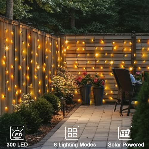 DBFAIRY Solar Curtain Lights,19.6ft x 3.3ft 300 LED Outdoor Christmas Solar Curtain Lights Waterproof Green Wire with 8 Mode for Garden Handrail Railing Eaves Wall Decoration -Warm White - Image 2