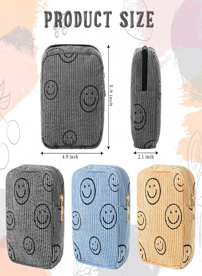 Photect 3 Pcs Corduroy Cosmetic Bag Smile Face Aesthetic Preppy Pencil Pouch Purse Travel Beauty Makeup Bags for School Christmas Women Holiday Organizer Gifts(Stylish,Yellow, Gray, Blue) - Image 2
