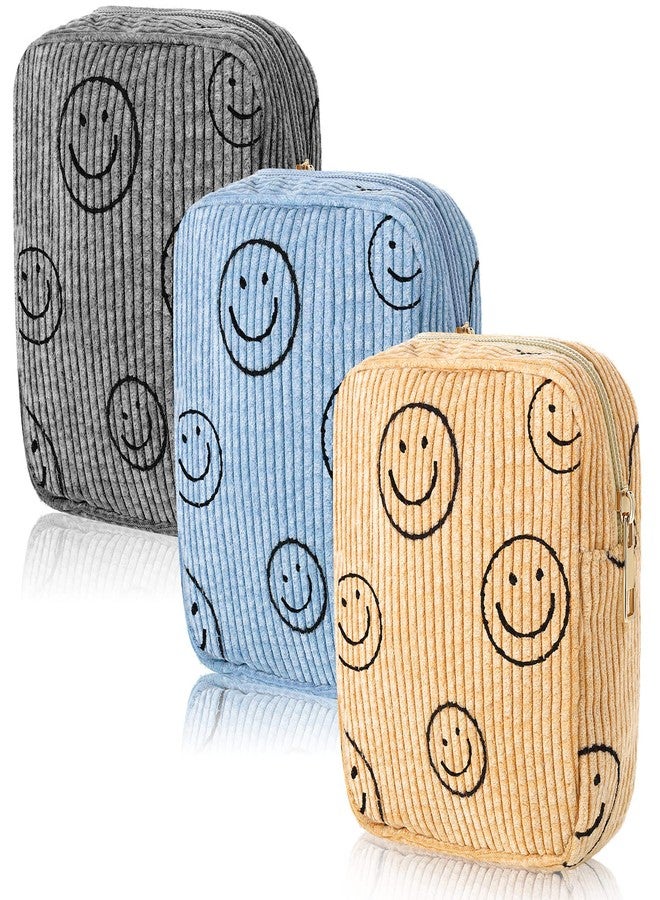 Photect 3 Pcs Corduroy Cosmetic Bag Smile Face Aesthetic Preppy Pencil Pouch Purse Travel Beauty Makeup Bags for School Christmas Women Holiday Organizer Gifts(Stylish,Yellow, Gray, Blue) - Image 1