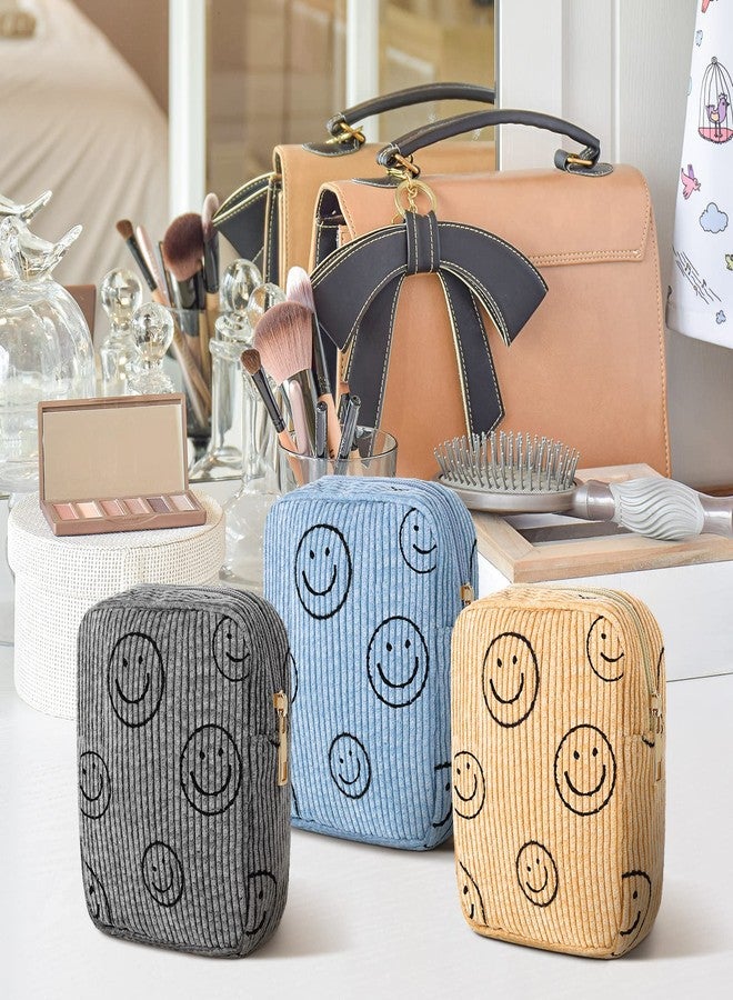 Photect 3 Pcs Corduroy Cosmetic Bag Smile Face Aesthetic Preppy Pencil Pouch Purse Travel Beauty Makeup Bags for School Christmas Women Holiday Organizer Gifts(Stylish,Yellow, Gray, Blue) - Image 3