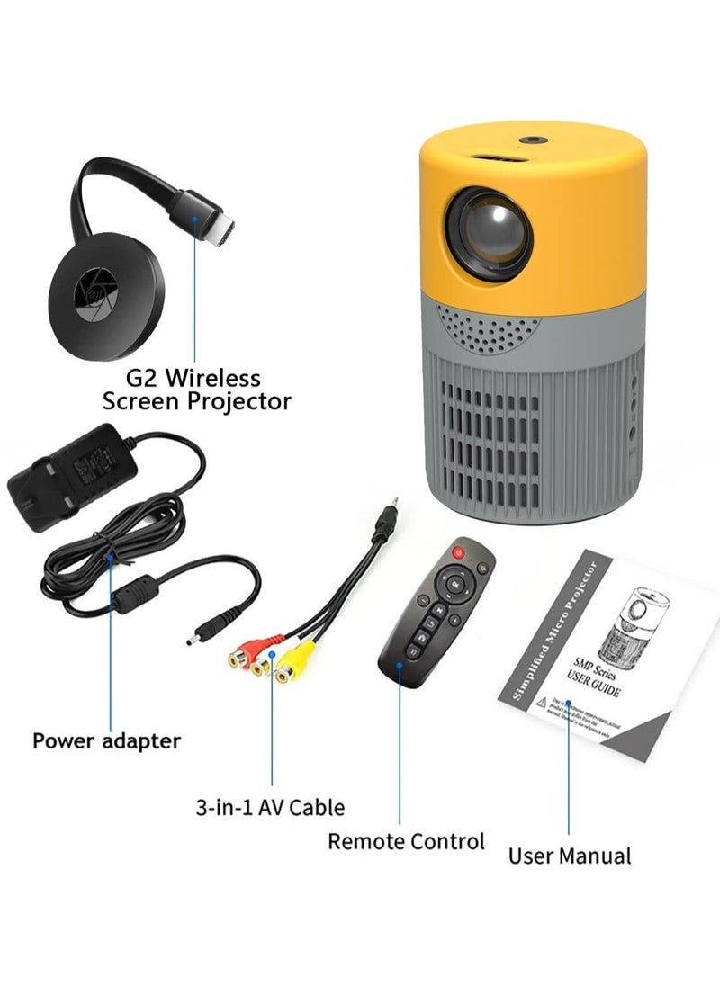 Mini Projector, WiFi Mini Projector with Projection Screen Supported 1080P Full HD Enhanced Portable Projector Compatible with Smartphone/ Tablet/ Laptop/ PS3/ PS4/TV Stick for Home Theatre Yellow