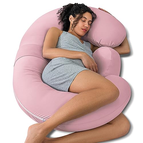 QUEEN ROSE Cooling Pregnancy Pillows, E Shaped Maternity Pillow for Sleeping, with Extra Wedge Pillow for Belly Support, 60 Inch Full Body Pillow, Pink - Image 1