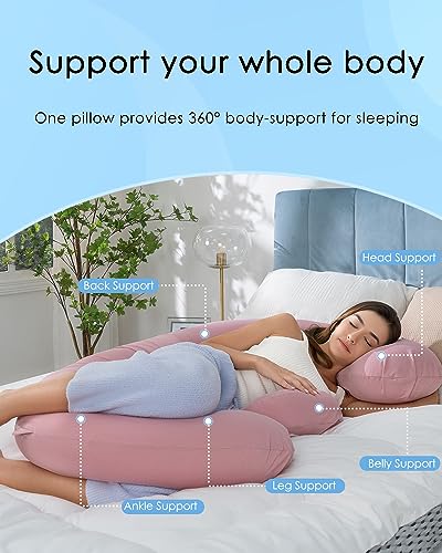 QUEEN ROSE Cooling Pregnancy Pillows, E Shaped Maternity Pillow for Sleeping, with Extra Wedge Pillow for Belly Support, 60 Inch Full Body Pillow, Pink - Image 3