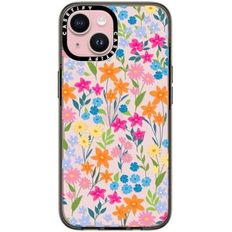 Casetify Compact Case for iPhone 15 【2X Military Grade Drop Tested / 4ft Drop Protection】 - bright spring flowers - Clear Black - Image 1