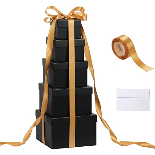 CHARMGIFTBOX 5 Pack Large Square Nesting Gift Boxes with Lids for Presents, 4“-8“ Black Stacking Gift Box with Ribbon Card for Wedding Birthday Party Valentine Christmas - Image 1