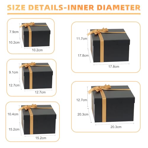 CHARMGIFTBOX 5 Pack Large Square Nesting Gift Boxes with Lids for Presents, 4“-8“ Black Stacking Gift Box with Ribbon Card for Wedding Birthday Party Valentine Christmas - Image 5