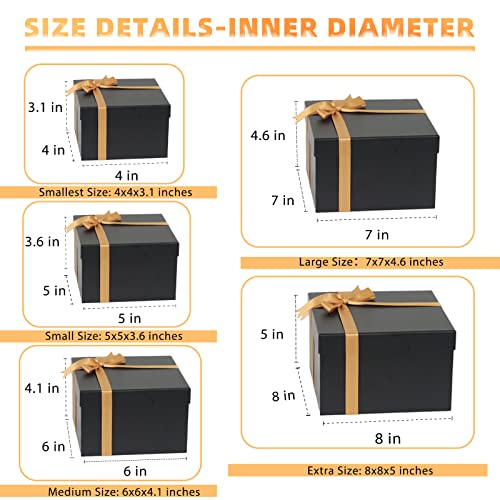 CHARMGIFTBOX 5 Pack Large Square Nesting Gift Boxes with Lids for Presents, 4“-8“ Black Stacking Gift Box with Ribbon Card for Wedding Birthday Party Valentine Christmas - Image 2