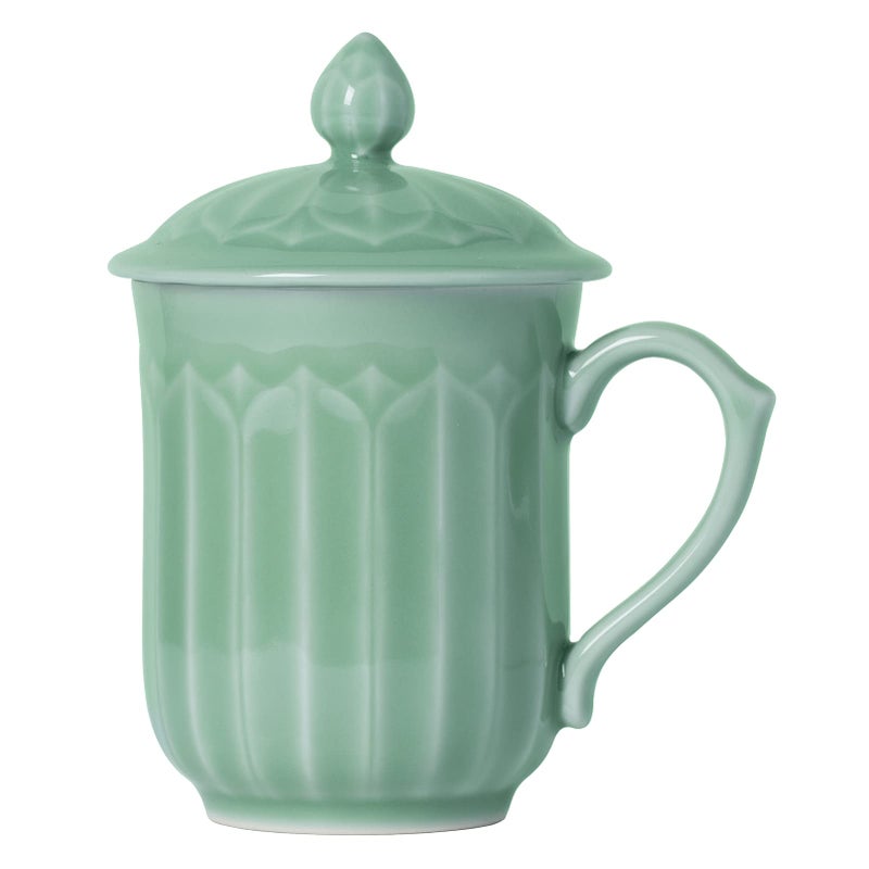 Tingyework Porcelain Lotus Tea Cup with Lid and Handle, 12 oz Unique Coffee Mug, Microwave Dishwasher Safe, Gifts for Women and Men, Aesthetic Chinese Celadon 1 Pack (Olive Green) - Image 1