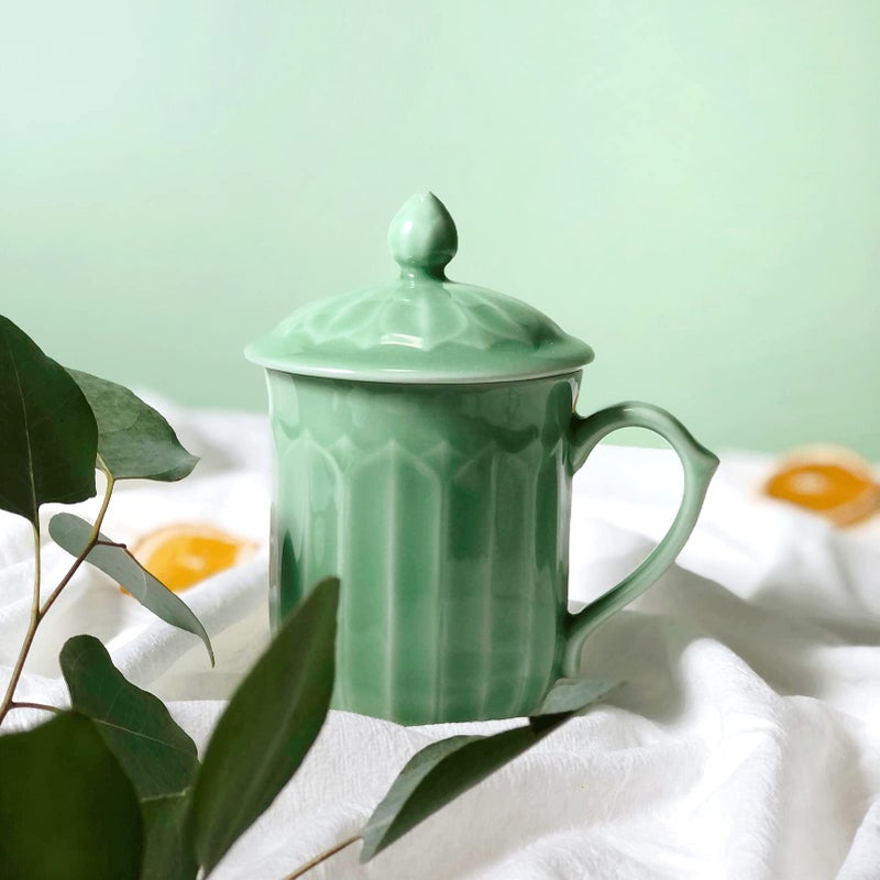 Tingyework Porcelain Lotus Tea Cup with Lid and Handle, 12 oz Unique Coffee Mug, Microwave Dishwasher Safe, Gifts for Women and Men, Aesthetic Chinese Celadon 1 Pack (Olive Green) - Image 4