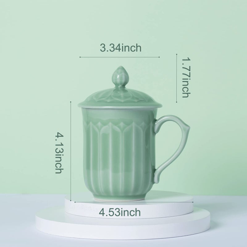 Tingyework Porcelain Lotus Tea Cup with Lid and Handle, 12 oz Unique Coffee Mug, Microwave Dishwasher Safe, Gifts for Women and Men, Aesthetic Chinese Celadon 1 Pack (Olive Green) - Image 2