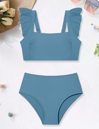 ZAANTI Girls Bathing Suit Size 12 Square Neck Design Adjustable Shoulder Straps Ruched Ruffle Trim Girl Swimsuit Size 10-12 with Removable Chest Pad Girls Bathing Suit Two Piece Blue - Image 5