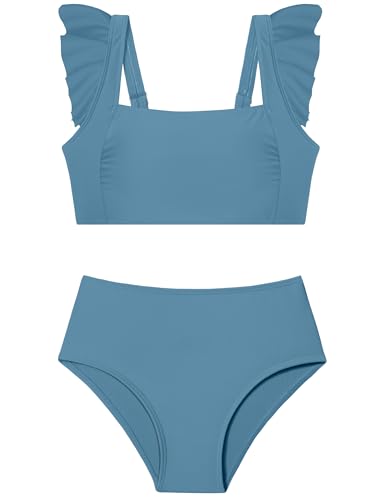 ZAANTI Girls Bathing Suit Size 12 Square Neck Design Adjustable Shoulder Straps Ruched Ruffle Trim Girl Swimsuit Size 10-12 with Removable Chest Pad Girls Bathing Suit Two Piece Blue - Image 1