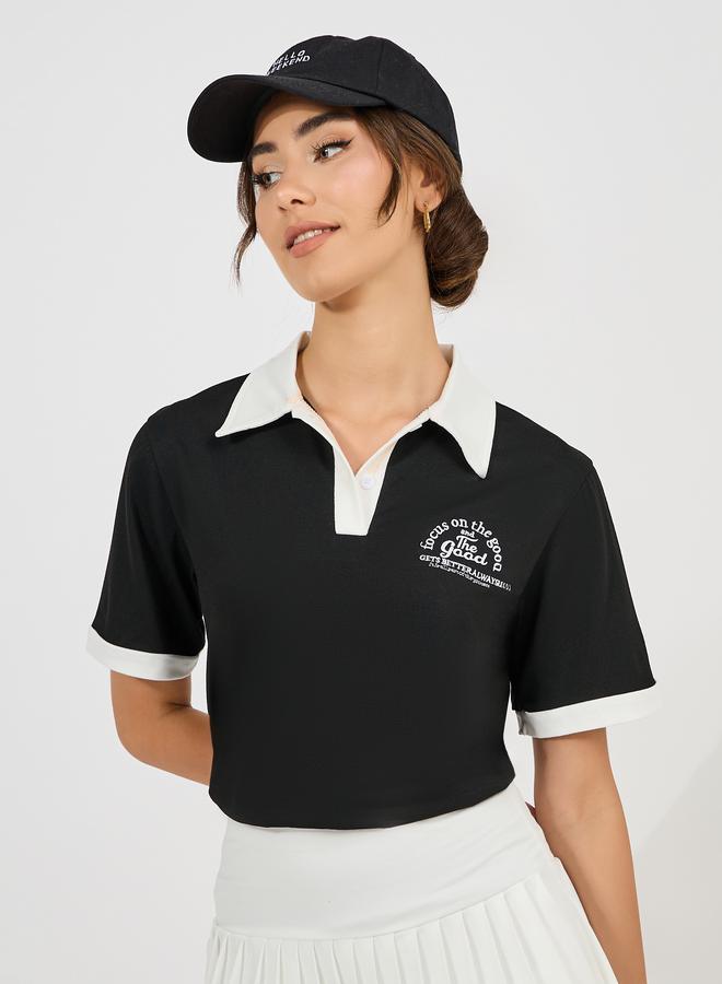 Styli Regular Fit Focus On The Good Embroidered Polo T-Shirt  - Image 1