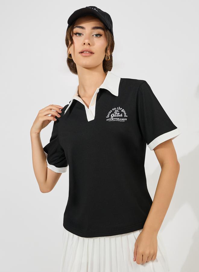 Styli Regular Fit Focus On The Good Embroidered Polo T-Shirt  - Image 2