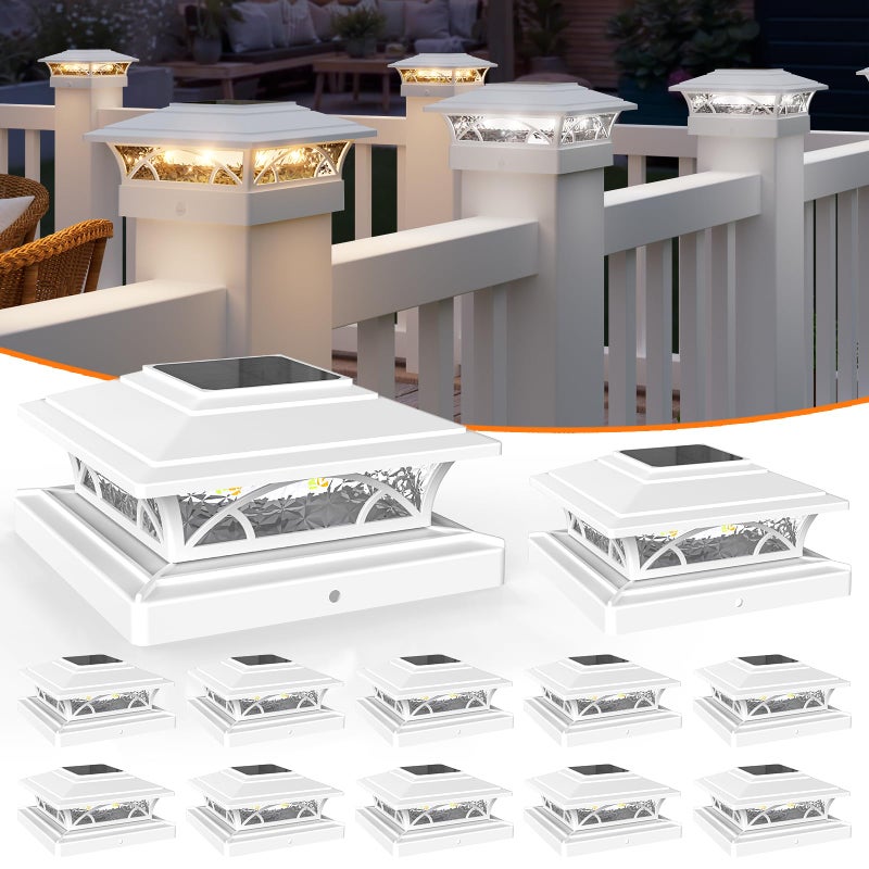APONUO Solar Post Cap Lights 12 Pack - 4x4 5x5 6x6 Fence Post Lights, Auto On/Off, Waterproof IP64, 2-Mode (Warm/Cool White), Deck Patio Yard Solar Light for Wood & Vinyl Posts, White - Image 1
