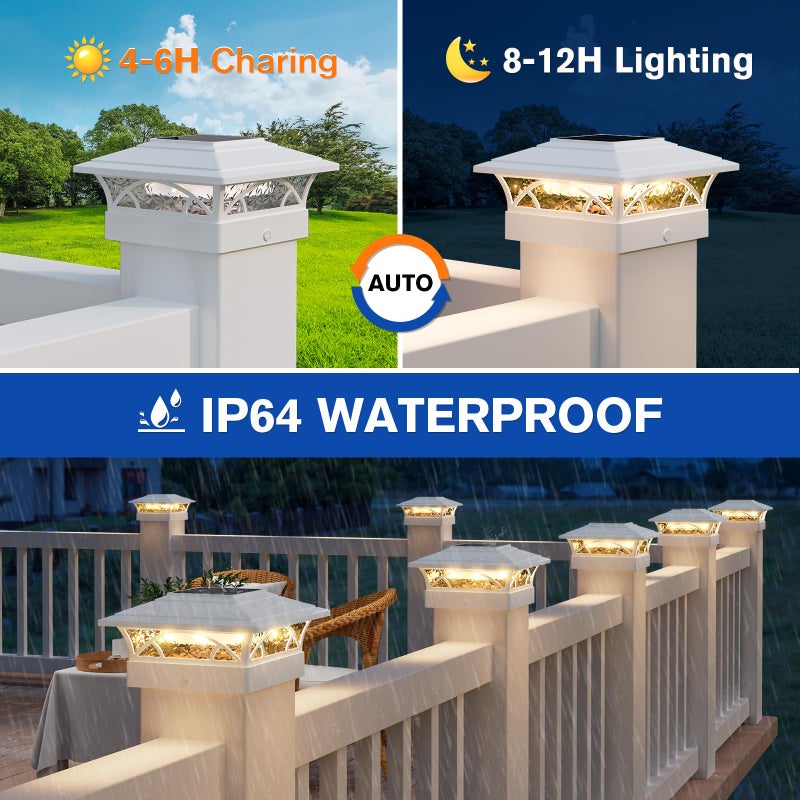 APONUO Solar Post Cap Lights 12 Pack - 4x4 5x5 6x6 Fence Post Lights, Auto On/Off, Waterproof IP64, 2-Mode (Warm/Cool White), Deck Patio Yard Solar Light for Wood & Vinyl Posts, White - Image 3
