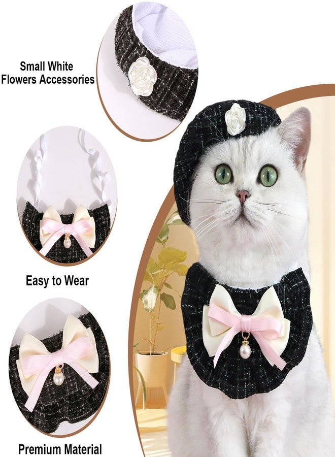 HOWWFALY 2PCS Cat Beret Hat with Small Camellia, Adjustable Satin Bowtie Bandana Scarf Set Pet Princess Costume for Halloween Christmas, Cat Dog Birthday Party Apparel(Black Bow) - Image 5
