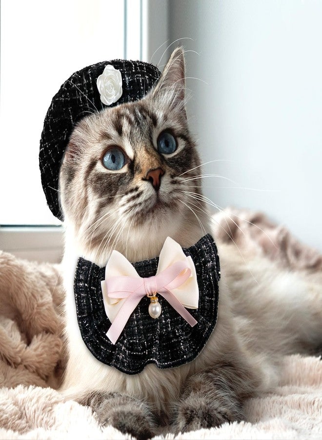 HOWWFALY 2PCS Cat Beret Hat with Small Camellia, Adjustable Satin Bowtie Bandana Scarf Set Pet Princess Costume for Halloween Christmas, Cat Dog Birthday Party Apparel(Black Bow) - Image 4
