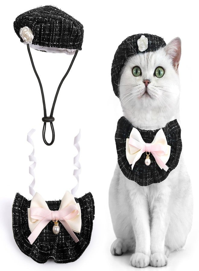 HOWWFALY 2PCS Cat Beret Hat with Small Camellia, Adjustable Satin Bowtie Bandana Scarf Set Pet Princess Costume for Halloween Christmas, Cat Dog Birthday Party Apparel(Black Bow) - Image 1