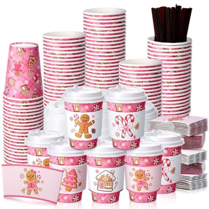 Uiifan Gingerbread Man Party Disposable Coffee Cups with Lids, Sleeves and Stirrers 50 Pack 12 oz Hot Cups Baby Shower Decoration for Fall Baby Shower Gender Reveal Party Christmas