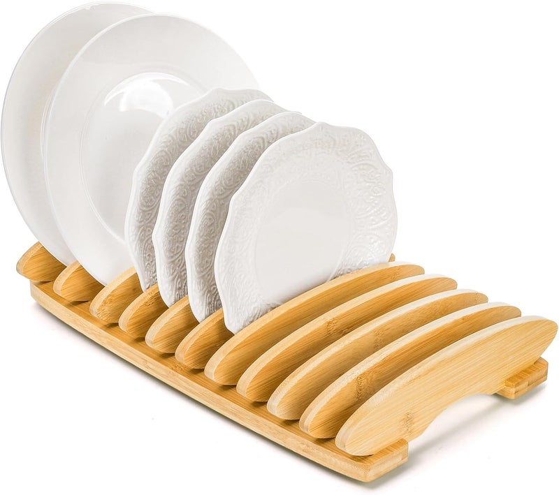 Dicunoy Dicunoy Bamboo Dish Rack 10 Slots Wood Plates Stand Organizer for Cabinet Vertical Dishes Holder for Pot Lids Cutting Board Kitchen Sink Countertop Storage and Organization  - Image 1