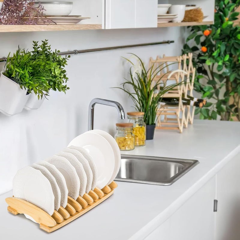 Dicunoy Dicunoy Bamboo Dish Rack 10 Slots Wood Plates Stand Organizer for Cabinet Vertical Dishes Holder for Pot Lids Cutting Board Kitchen Sink Countertop Storage and Organization  - Image 5