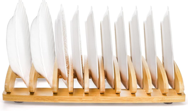 Dicunoy Dicunoy Bamboo Dish Rack 10 Slots Wood Plates Stand Organizer for Cabinet Vertical Dishes Holder for Pot Lids Cutting Board Kitchen Sink Countertop Storage and Organization  - Image 4