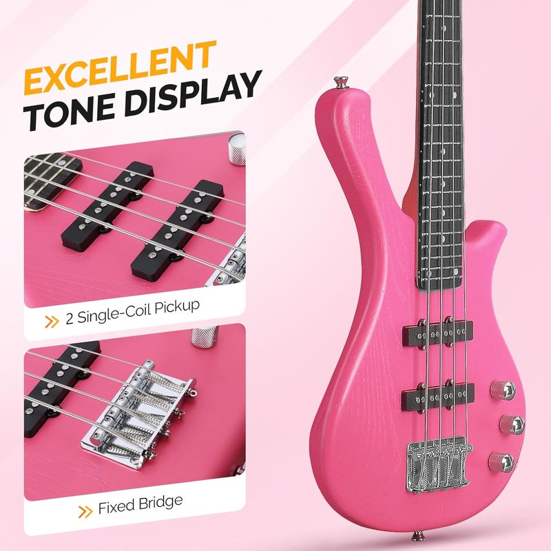 جيتار باص كهربائي 4 أوتار، مجموعة جيتار باص للمبتدئين بطول 36 بوصة مع كابل، حزام وحقيبة لجميع مستويات المهارة، للبالغين، للسفر (وردي) - Image 3