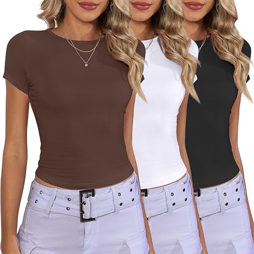 Riyiper 3 Pcs Women's Short Sleeve Crop Tops, Boat Neck Slim Fitted Cropped Shirts Workout Basic Tops (Black, White, Brown,Small) - Image 2