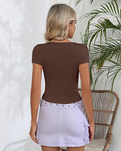 Riyiper 3 Pcs Women's Short Sleeve Crop Tops, Boat Neck Slim Fitted Cropped Shirts Workout Basic Tops (Black, White, Brown,Small) - Image 4