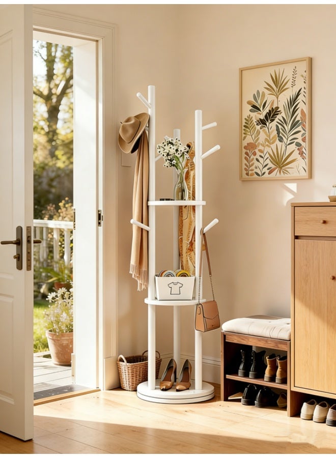 360° Rotating Solid Wood Coat Rack, Floor-Standing Multi-Functional Coat Rack, Bedroom And Living Room Storage And Hanging Bag Integrated（MC-01-white） - Image 1