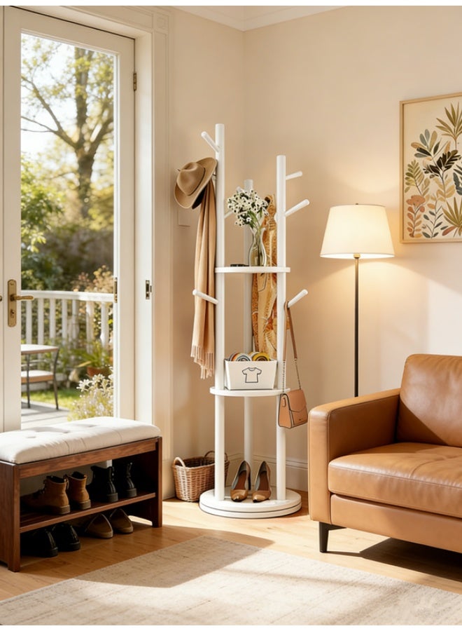 360° Rotating Solid Wood Coat Rack, Floor-Standing Multi-Functional Coat Rack, Bedroom And Living Room Storage And Hanging Bag Integrated（MC-01-white） - Image 3