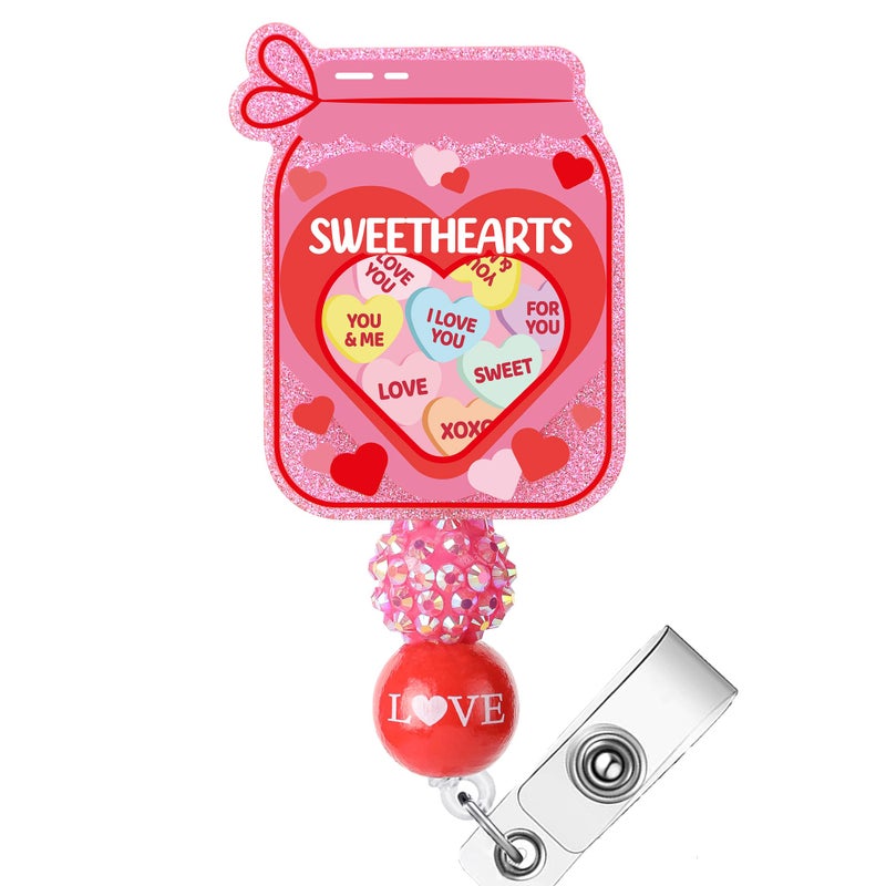 AFRITEE Valentine's Day Badge Holder Retractable - Pink Sweethearts ID Badge Reel with Alligator Clip Holiday Gift for Nurses, Love Acrylic Glitter Name Badge Reels Suitable for School Teachers - Image 1