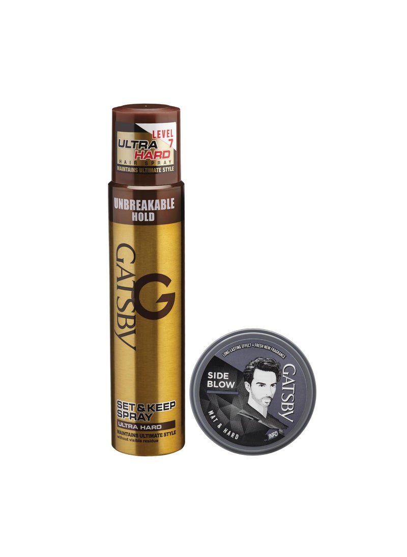 GATSBY Gatsby Set and Keep Ultra Hard Hair Spray 250ml with Mat and Hard Hair Styling Wax 75g  - Image 1