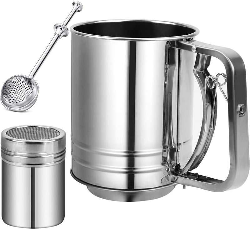 ATPWONZ Flour Sifter Stainless Steel,3 Cup Flour Sifters for Baking,3 in1 Sifter for Baking with Powdered Sugar Shaker Duster, Flour Shaker Duster for Baking Cakes, Pastries, Pies, Cupcakes and Desserts - Image 1