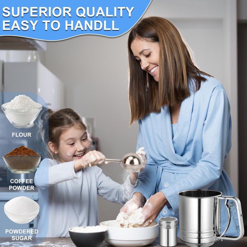 ATPWONZ Flour Sifter Stainless Steel,3 Cup Flour Sifters for Baking,3 in1 Sifter for Baking with Powdered Sugar Shaker Duster, Flour Shaker Duster for Baking Cakes, Pastries, Pies, Cupcakes and Desserts - Image 2