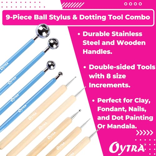 Oytra Dotting Tools 9 Pcs/Set for Clay Dot Mandala Embossing Modelling Ball Stainless Steel Wooden Tool for Fondant Cake Decorating Nail Art Rock Painting for Beginners Artists Adults - Image 2