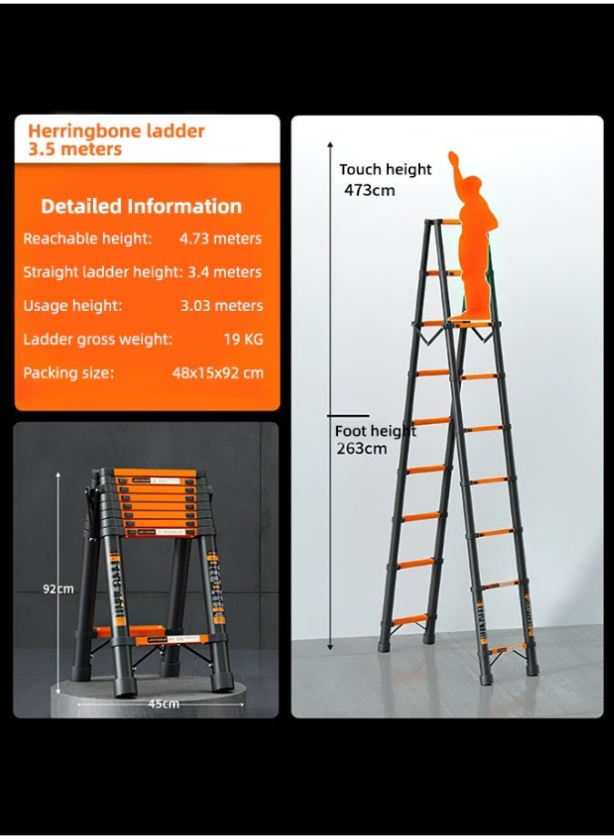 الحلم سلم تلسكوبي بإطار A، سلم تمديد مدمج من الفولاذ الكربوني بطول 3.5 متر، سلم تلسكوبي محمول للسيارات الترفيهية للرحلات الخارجية، سيارة ترفيهية مع منصة أدوات وقضيب تثبيت - Image 2