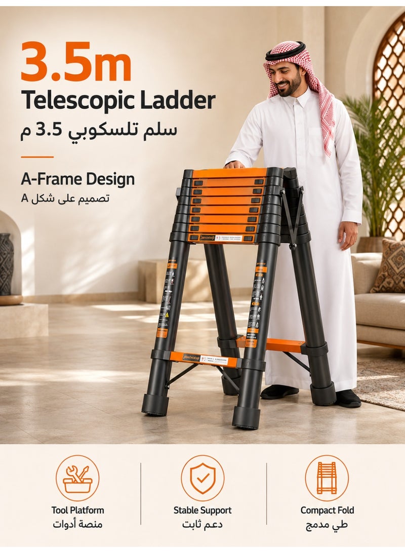 الحلم سلم تلسكوبي بإطار A، سلم تمديد مدمج من الفولاذ الكربوني بطول 3.5 متر، سلم تلسكوبي محمول للسيارات الترفيهية للرحلات الخارجية، سيارة ترفيهية مع منصة أدوات وقضيب تثبيت - Image 1