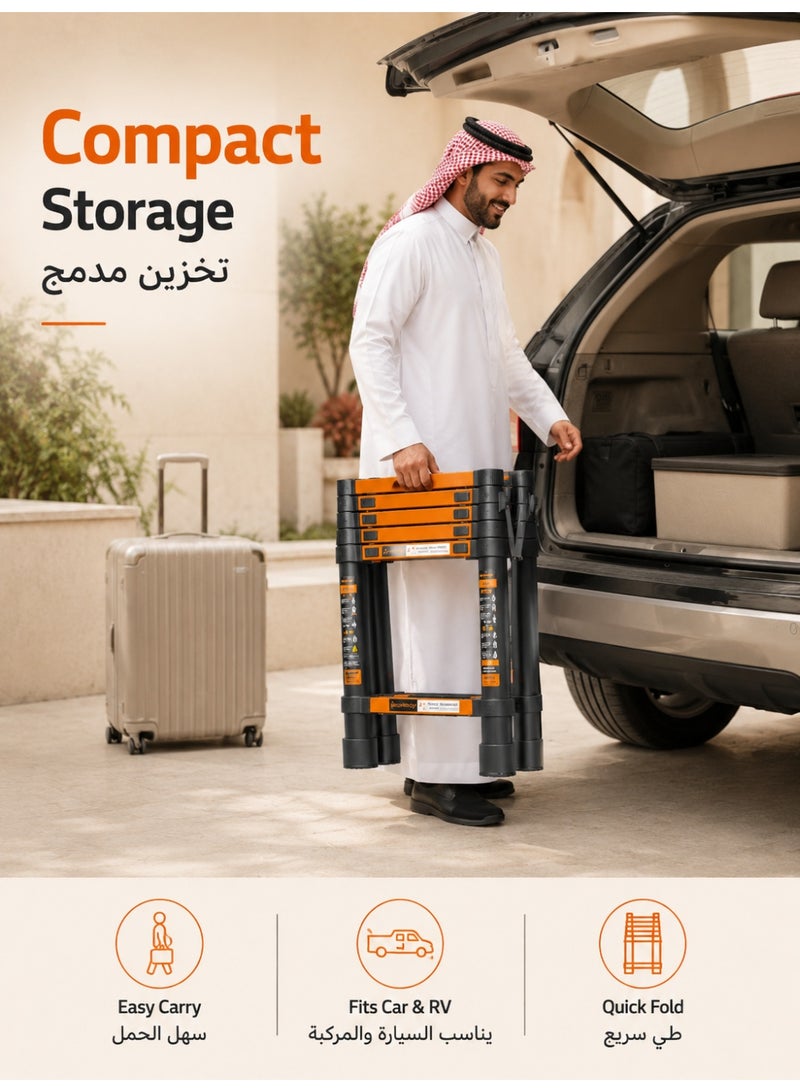 الحلم سلم تلسكوبي بإطار A، سلم تمديد مدمج من الفولاذ الكربوني بطول 3.5 متر، سلم تلسكوبي محمول للسيارات الترفيهية للرحلات الخارجية، سيارة ترفيهية مع منصة أدوات وقضيب تثبيت - Image 5