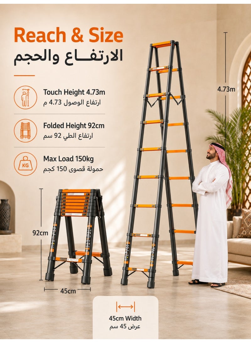 الحلم سلم تلسكوبي بإطار A، سلم تمديد مدمج من الفولاذ الكربوني بطول 3.5 متر، سلم تلسكوبي محمول للسيارات الترفيهية للرحلات الخارجية، سيارة ترفيهية مع منصة أدوات وقضيب تثبيت - Image 2