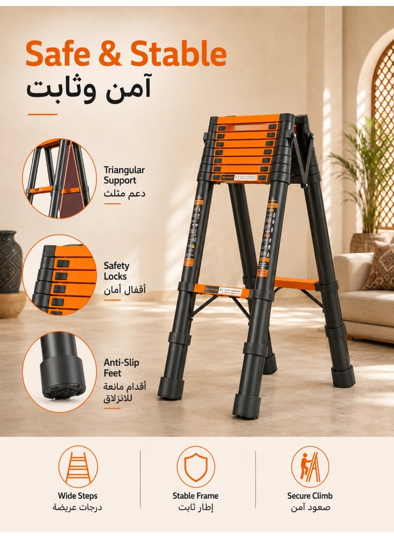 الحلم سلم تلسكوبي بإطار A، سلم تمديد مدمج من الفولاذ الكربوني بطول 3.5 متر، سلم تلسكوبي محمول للسيارات الترفيهية للرحلات الخارجية، سيارة ترفيهية مع منصة أدوات وقضيب تثبيت - Image 3